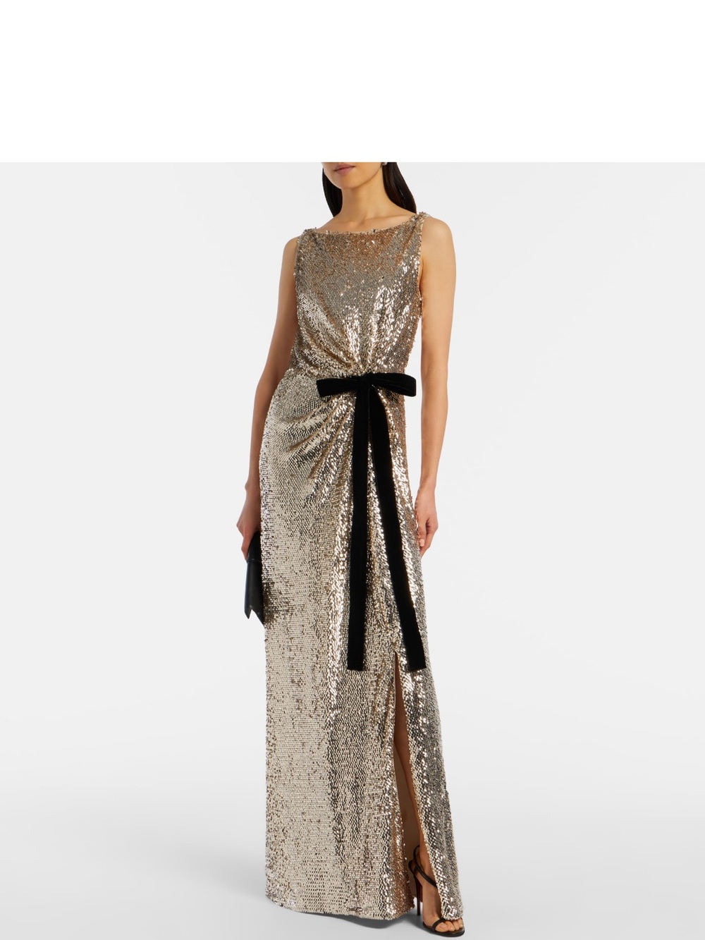 Gold Sequin Maxi Dress with Black Velvet Tie